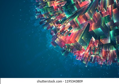 vector abstract 3d crystal. a view of the roofs of the city, a large chaotic set of glass pendants.