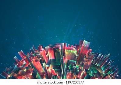 vector abstract 3d crystal. a view of the roofs of the city, a large chaotic set of glass pendants.