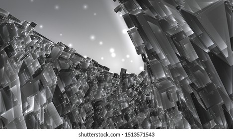 vector abstract 3d crystal. a view of the roofs of the city, a large chaotic set of glass pendants.