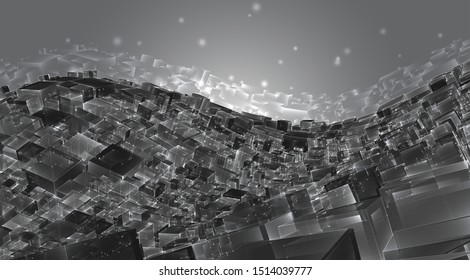 vector abstract 3d crystal. a view of the roofs of the city, a large chaotic set of glass pendants.
