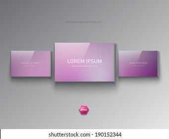 Vector abstract 3d design layout. Three stylish glossy banners. Picture gallery style panels. Trendy blurry purple bokeh background.
