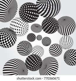 Vector abstract 3d effect background with dotted, striped spheres. Optical illusion.