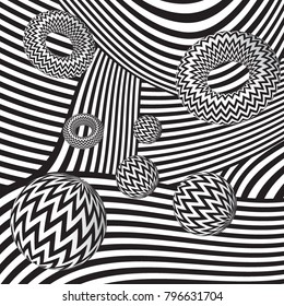 Vector abstract 3d effect background. Striped spheres on striped background.