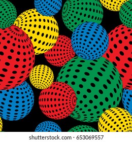 Vector abstract 3d effect seamless background. Bright colorful dotted spheres.