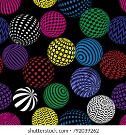 Vector abstract 3d effect seamless background. Bright colorful spheres.