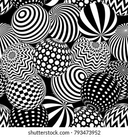 Vector abstract 3d effect seamless background. White spheres with different patterns on black background.