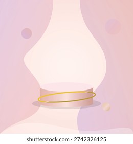 Vector abstract 3D geometric stage featuring a rose gold cylinder pedestal with a golden ring and wavy pastel background for cosmetic product presentation