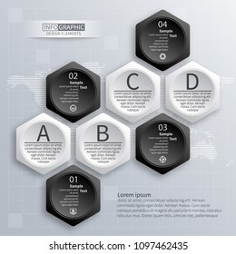 vector abstract 3d paper infographic elements.Black and white style.Hexagon infographics.Honeycomb design