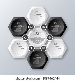 vector abstract 3d paper infographic elements.Black and white style.Hexagon infographics.Honeycomb design