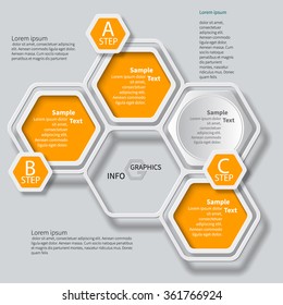 Vector Abstract 3d Paper Infographic Elements.Hexagon Infographics.Honeycomb Design.Orange