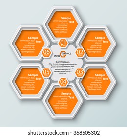 vector abstract 3d paper infographic elements.Hexagon infographics.Honeycomb design.Orange