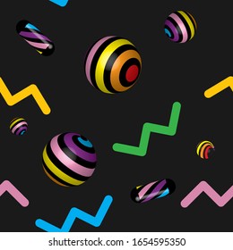 Vector abstract 3d seamless background effect. Colored spheres with different patterns on gray background.