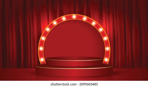 vector abstract 3d shape rendering for product placement with modern gold round base copy space with  with lights around the frame and a red curtain background