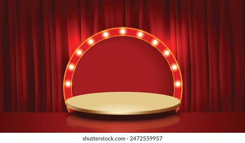 vector abstract 3d shape rendering for product placement with modern gold round base copy space with  with lights around the frame and a red curtain background