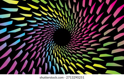 Vetor abstrato túnel 3D vórtice efeito com padrão de folha curva, gradação de cor brilhante no fundo preto, cria ilusão de profundidade e movimento giratório dinâmico futurista.