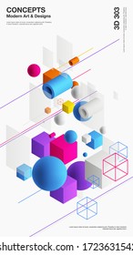 Vector abstract 3D visualization background, template modern composition of geometric shapes in isometric . Cube, sphere, cylinder, line.