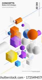 Vector abstract 3D visualization background, template modern composition of geometric shapes in isometric . Cube, sphere, cylinder, line.
