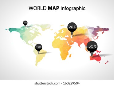 Vector abstract 3d world map, pins. Australia, asia africa usa. Globe world map vector concept icon