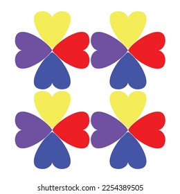 Vector of an abstract 4 different colour of heart drawing seamless pattern isolated on white background, like as flower. Heart leaves of flower.