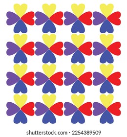 Vector of an abstract 4 different colour of heart drawing seamless pattern isolated on white background, like as flower. Heart leaves of flower.