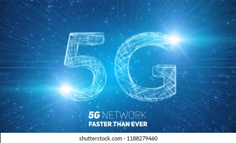 Nuevo fondo de conexión inalámbrica a Internet abstracta 5G. Red global de alta velocidad. Símbolo 5G construido con líneas brillantes con una ráfaga de velocidad ligera en el fondo