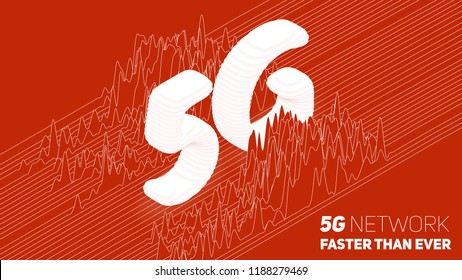 Vector Abstract 5G New Wireless Internet Connection Background. Global Network High Speed Network. Sliced 3d 5G Symbol On A Red Background With Wave Pattern. Signal Spectrum