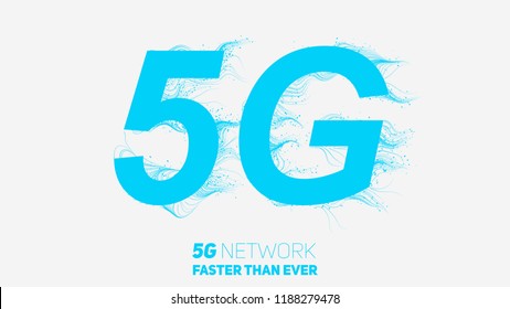 Vector abstract 5G new wireless internet connection background. Global network high speed network. Abstract 5G symbol with curly lines and tiny dots trails on a white background