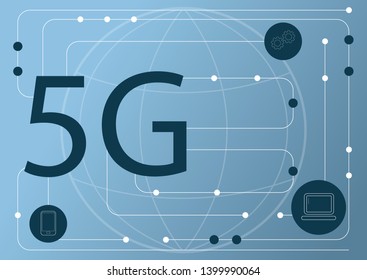 Vector abstract 5G new wireless internet connection background. Global network high speed network. 5G symbol construted with glowing lines