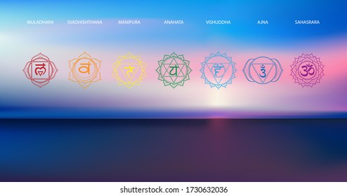 Vista panorámica aérea abstracta del amanecer sobre el océano con conjunto de iconos de chakras: muladhara, swadhisthana, manipura, anahata, vishuddha, ajna, sahasrara. Ilustración de meditación y relajación.