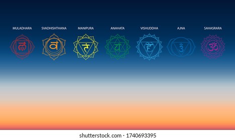 Vector abstract aerial panoramic view of sunrise over ocean with chakras icon set: muladhara, swadhisthana, manipura, anahata, vishuddha, ajna, sahasrara. Illustration of meditation and relaxation.