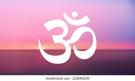 Vector abstract aerial panoramic view of sunrise over ocean with chakra om icon. Illustration of meditation and relaxation.