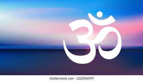Vista panorámica aérea abstracta del amanecer sobre el océano con icono chakra om. Ilustración de meditación y relajación.