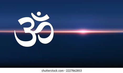 Vector abstract aerial panoramic view of sunrise over ocean with chakra om icon. Illustration of meditation and relaxation.