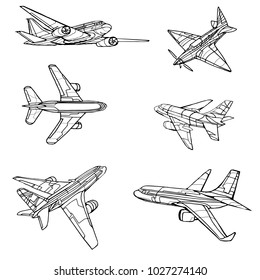 Vector abstract airplane icons set illustrating transportation and travel. Hand drawn.
