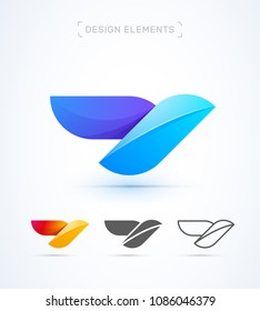 Vector abstract airplane wing, bird logo template. Material design, vector, flat and line art style. Origami app icon