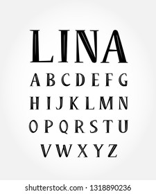 Vector abstract alphabet. Black color. Font isolated. Capital letters with serifs and white highlight.