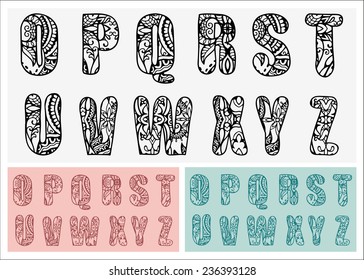 Vector abstract alphabet, capital letters, hand drawn sketch, ornamental lace pattern, isolated on white, green and pink background