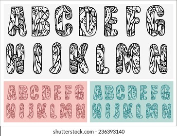 Vector abstract alphabet, capital letters, hand drawn sketch, ornamental lace pattern, isolated on white, green and pink background