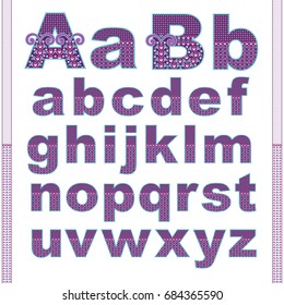 Vector abstract alphabet with comic kids pattern. Cartoon letters with geometric color filling