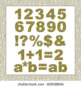 Vector abstract alphabet with distortion effect. Cartoon letters with wavy lines color filling. Numbers symbols