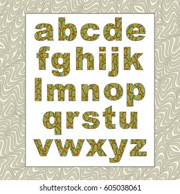 Vector abstract alphabet with distortion effect. Cartoon letters with wavy lines color filling. Lowercase characters