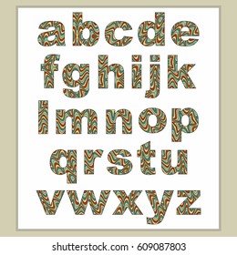 Vector abstract alphabet with distortion effect. Cartoon letters with wavy lines color filling