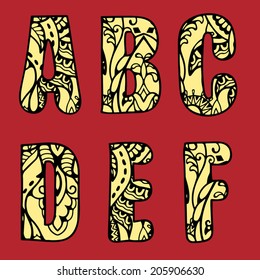 Vector abstract alphabet, hand drawn sketch, ornamental pattern