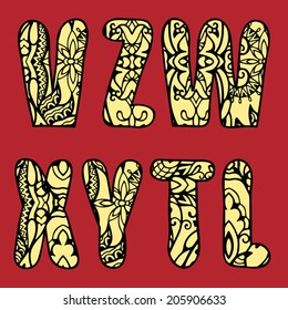 Vector abstract alphabet, hand drawn sketch, ornamental pattern