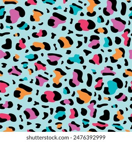 Vector Abstract Animal Skin Leopard Cheetah panther Colorful Fun Joy soft colors light blue background hand drawn illustration seamless pattern designed for womenswear fashionable