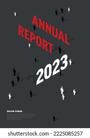 Vector abstract annual dark report cover template with sample isometric text title and people icons - simple minimalistic layout with black and white text and red accent