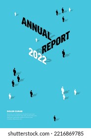 Vector abstract annual light report cover template with sample isometric text title and people icons - simple minimalistic blue layout with black and white text