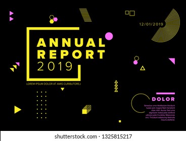 Vector abstract annual report cover template with sample text and abstract geometry shapes on dark background 