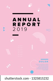 Vector abstract annual report cover template with sample text and abstract geometry shapes on pink  background 