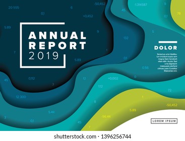 Vector abstract annual report cover template with sample text and abstract paper cut background - green and teal horizontal version